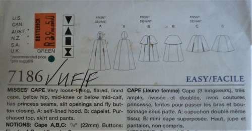 VOGUE 7186 CAPE SIZE XS-S-M (6 - 14) COMPLETE-UNCUT-F/FOLDED