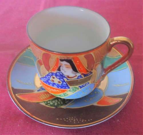 STUNNING ORIENTAL HAND PAINTED EGG SHELL COFFEE DUO WITH GILT - PAINTED IN JAPAN WITH MARKINGS