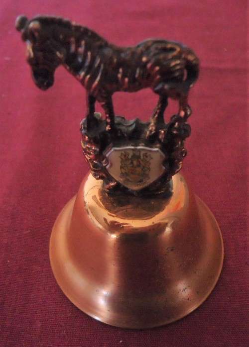 COPPER ZEBRA FIGURINE DINNER BELL WITH GREYTOWN LOGO
