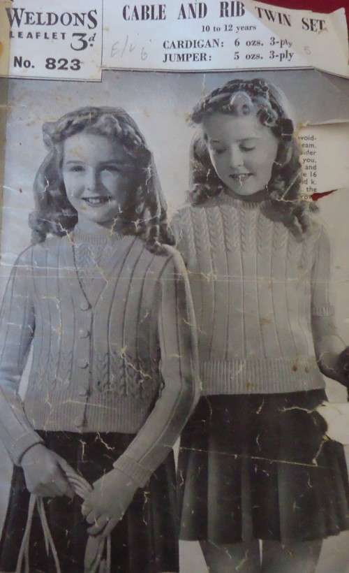 WELDONS PATTERN 823 CABLE AND TWIN SET FOR GIRLS 3 PLY WOOL