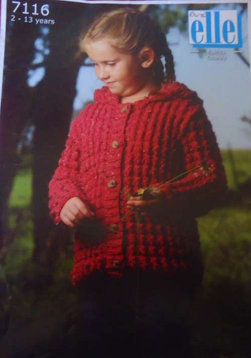 ELLE -#7116 HOODED JACKET KNITTING PATTERN - SIZE 2 - 13 YEARS