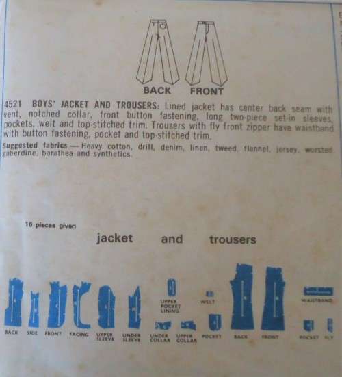 STYLE 4521 -BOY`S JACKET & PANTS SIZE 12 YEARS CHEST 76 CM/30` SEE LISTING