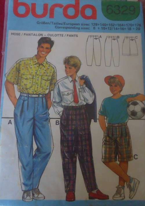 BURDA 6329 BOYS & MAN`S CULOTTE-PANTS  SIZE 8+10+12/14+16 + 18 + 20  COMPLETE