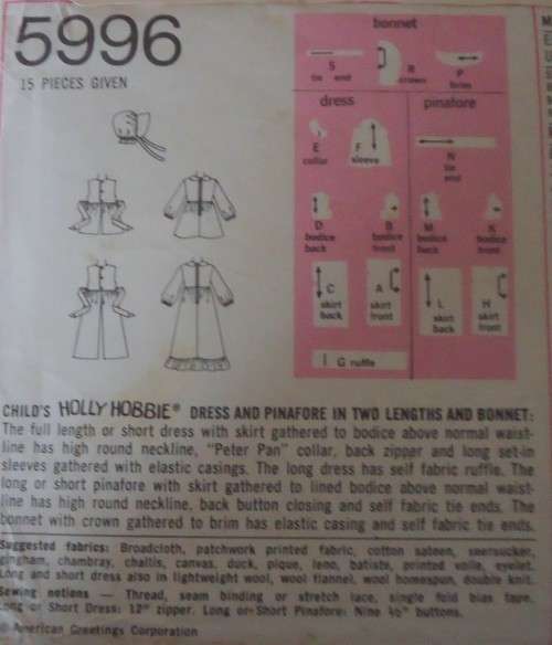 SIMPLICITY 5996  GIRLS `HOLLY HOBBIE` DRESS-PINAFORE-BONNET  SIZE 4 YEARS BREAST 23` COMPLETE