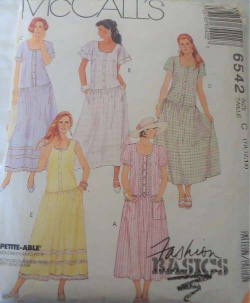 McCALLS PATTERN 6542 LOOSE FITTING DROPPED WAIST DRESS SIZE C=10-12-14 COMPLETE