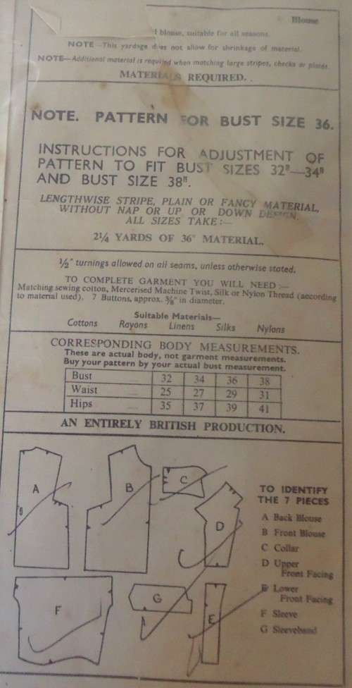 VINTAGE "WOMAN PATTERN" W1 LADIES BLOUSE SIZE 36" COMPLETE - SUPPLIED IN A ZIPLOC BAG