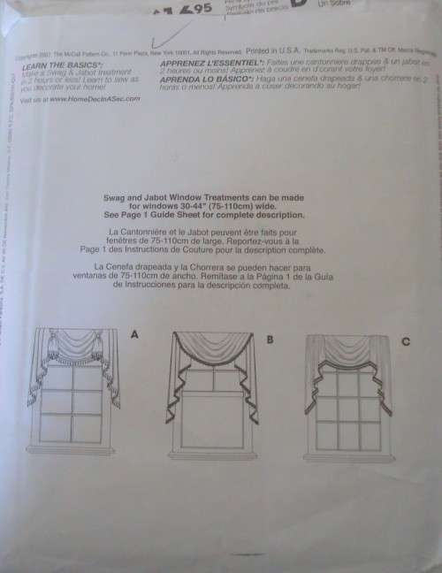 McCALLS M5406 HOME DECOR MAKE & SWAG & JABOT TREATMENT SIZE  75-110 CM WIDE COMPLETE
