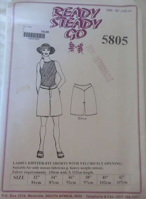 READY-STEADY-GO PATTERN-#5805- LADIES HIPSTER-FIT SHORTS WITH VELCRO FLY OPENING SIZE 40`/102 CM