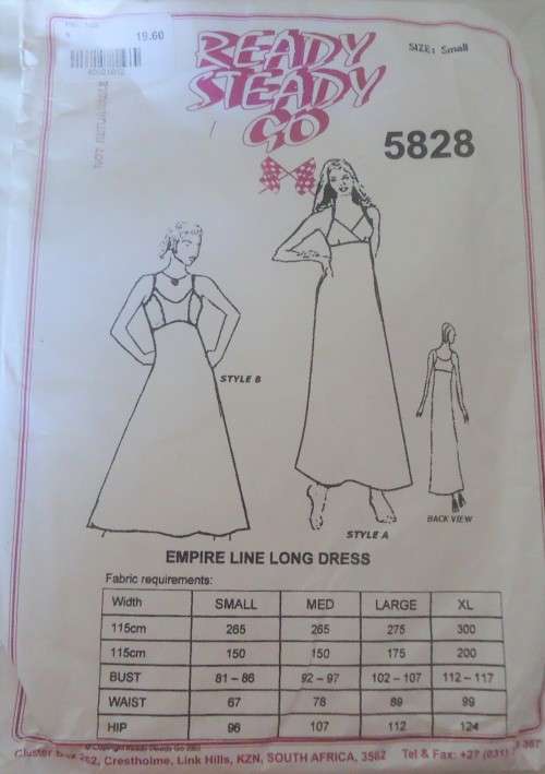 READY-STEADY-GO PATTERN-#5828-EMPIRE LINE LONG DRESS SIZE MEDIUM BUST92-97 CM-WAIST 78 CM HIP107 CM