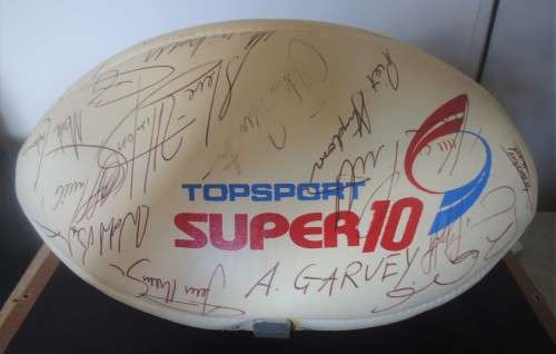 SIGNED RUGBY BALL  1994 NATAL SUPER 10 FINAL TEAM - 25 SIGNATURES- OAK & GLASS CABINET