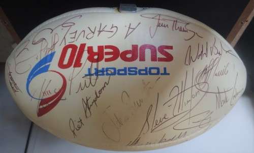 SIGNED RUGBY BALL  1994 NATAL SUPER 10 FINAL TEAM - 25 SIGNATURES- OAK & GLASS CABINET