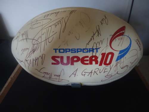 SIGNED RUGBY BALL  1994 NATAL SUPER 10 FINAL TEAM - 25 SIGNATURES- OAK & GLASS CABINET