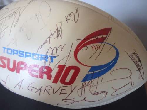 SIGNED RUGBY BALL  1994 NATAL SUPER 10 FINAL TEAM - 25 SIGNATURES- OAK & GLASS CABINET