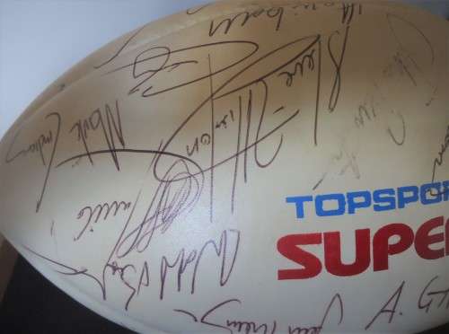 SIGNED RUGBY BALL  1994 NATAL SUPER 10 FINAL TEAM - 25 SIGNATURES- OAK & GLASS CABINET