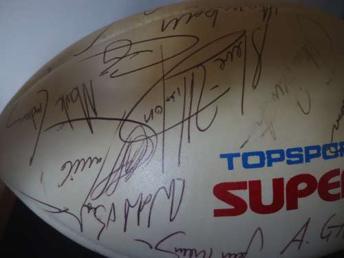 SIGNED RUGBY BALL  1994 NATAL SUPER 10 FINAL TEAM - 25 SIGNATURES- OAK & GLASS CABINET