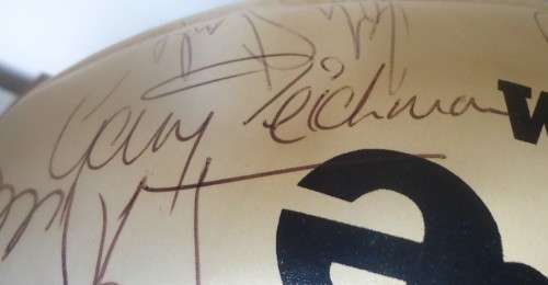 SIGNED RUGBY BALL  1994 NATAL SUPER 10 FINAL TEAM - 25 SIGNATURES- OAK & GLASS CABINET