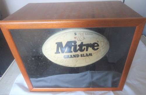 SIGNED RUGBY BALL  1994 NATAL SUPER 10 FINAL TEAM - 25 SIGNATURES- OAK & GLASS CABINET