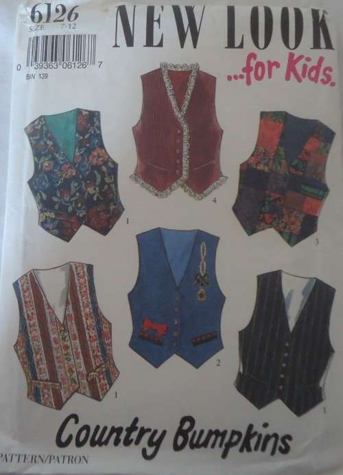 NEW LOOK PATTERNS 6126 COUNTRY BUMPKINS -WAISTCOATS FOR KIDS SIZES 7-12 YEARS COMPLETE