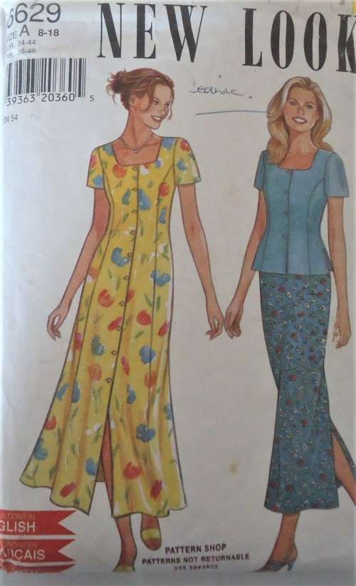 NEW LOOK PATTERNS 6629 FRONT BUTTON DRESS/SKIRT & TOP SIZE 8-18 COMPLETE