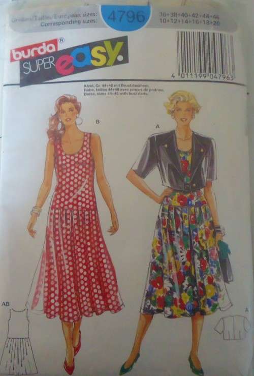 BURDA 4796 LOW WAIST DRESS & SHORT BOLERO SIZE  10 - 20 COMPLETE-UNCUT
