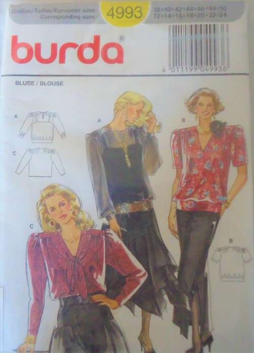 BURDA 4993 SET OF BLOUSES WITH YOKE  SIZE  12-24 COMPLETE-UNCUT-F/FOLDED