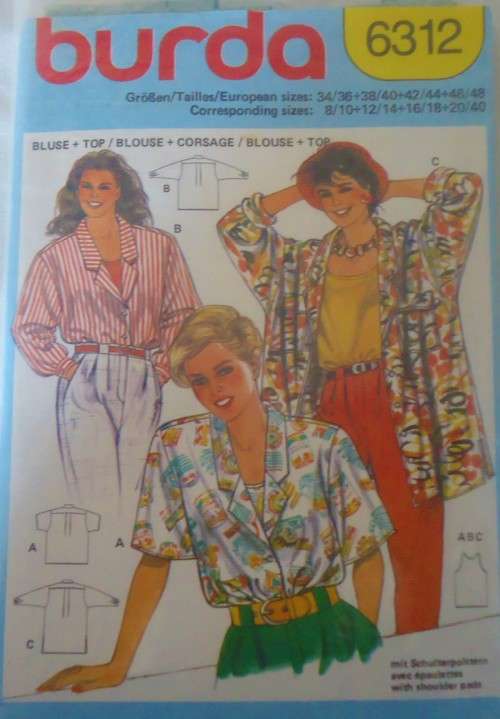 BURDA 6312 SHIRTS and TOPS SIZE 8/10-12/14-16/18-20/40 COMPLETE