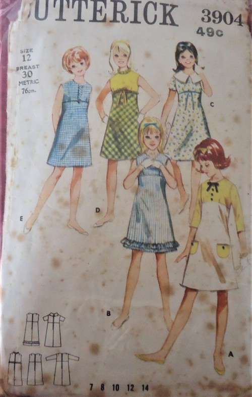 VINTAGE BUTTERICK 3904 GIRLS ONE PIECE DRESS SIZE 10 BREAST 28 COMPLETE-UNCUT-F/FOLDED