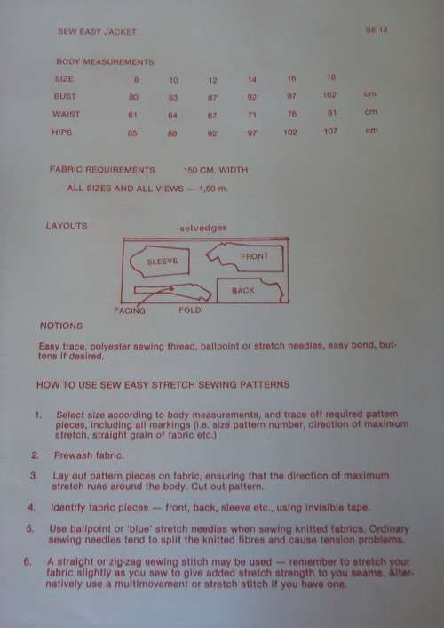 SEW EASY PATTERNS  LADIES JACKET WITH SHIRT OR SHAWL COLLAR  PATTERN SIZES 8 - 18