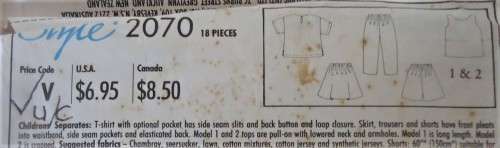 STYLE 2070 KIDS T SHIRT- SKIRT-PANTS-SHORTS SIZE A 9 - 14 YEARS COMPLETE-UNCUT-F/FOLDED