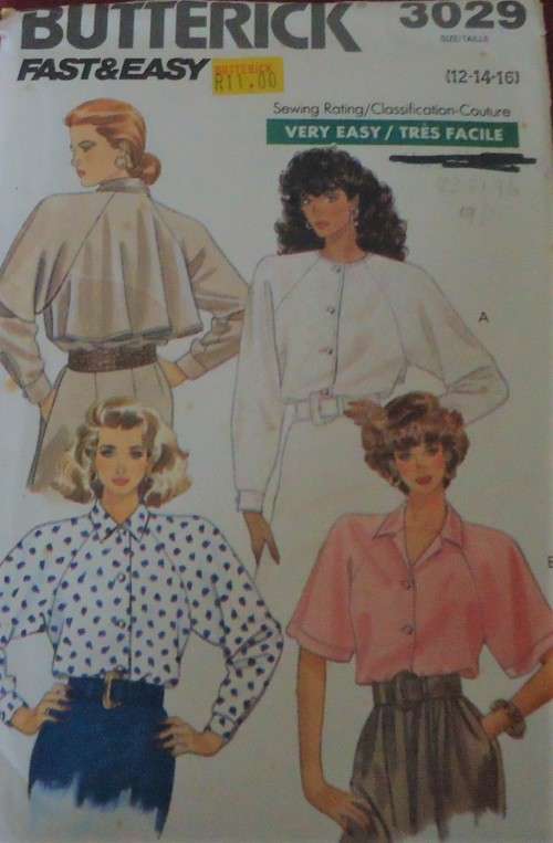 BUTTERICK  PATTERN 3029 BLOUSES IN 4 STYLES SIZES 10 + 12 + 14 COMPLETE