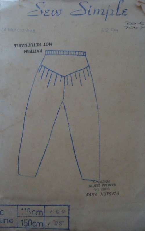 SEW SIMPLE PATTERNS # 9 BASQUE PANTS  SIZE 36` OR 92 CM