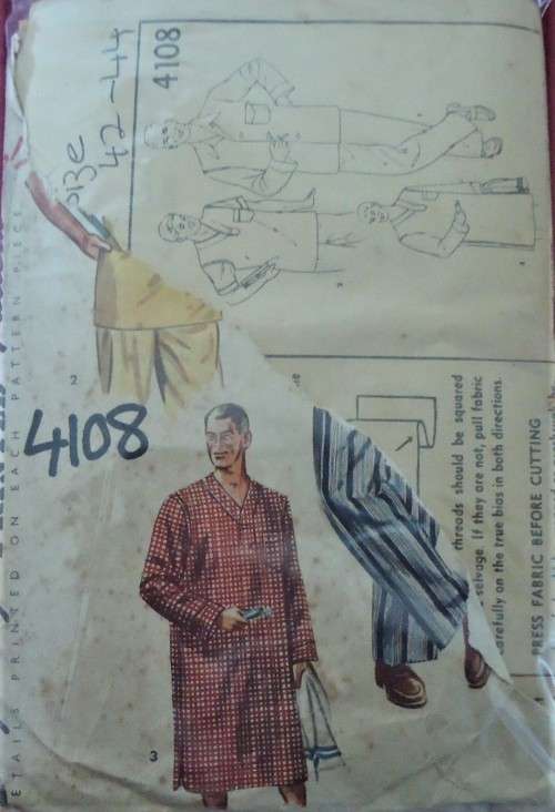 VINTAGE SIMPLICITY 4108 MEN'S PJS  SIZE 42-44" COMPLETE- SUPPLIED IN A ZIPLOC BAG