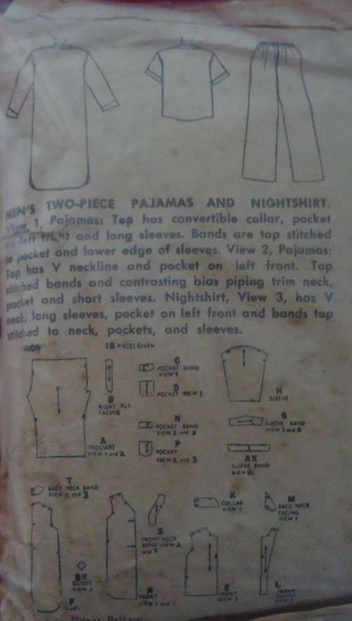 VINTAGE SIMPLICITY 4108 MEN'S PJS  SIZE 42-44" COMPLETE- SUPPLIED IN A ZIPLOC BAG