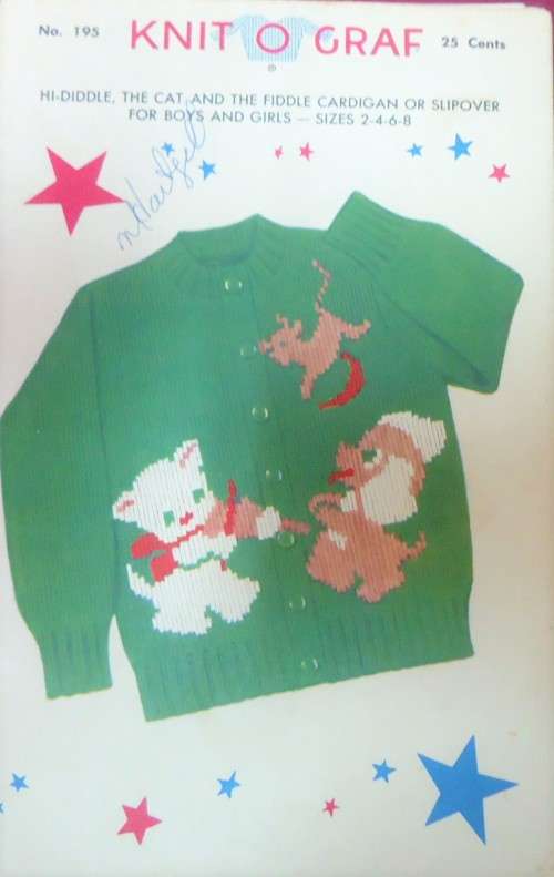 KNIT O GRAF PATTERN 195 HI-DIDDLE, THE CAT & THE FIDDLE CARDIGAN-SLIPOVER-BOYS & GIRLS SIZES 2-8 YRS