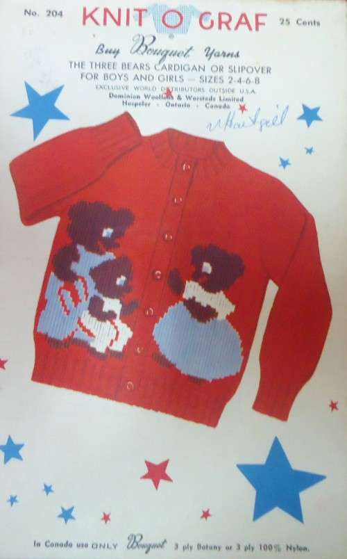 KNIT O GRAF PATTERN 204 THE THREE BEARS CARDIGAN-SLIPOVER-BOYS & GIRLS SIZES 2-8 YEARS