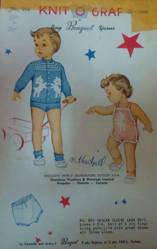 KNIT O GRAF PATTERN 855 RAGLAN SLEEVE LAMB SUIT  GIRLS & BOYS SIZES1-2-4 YEARS