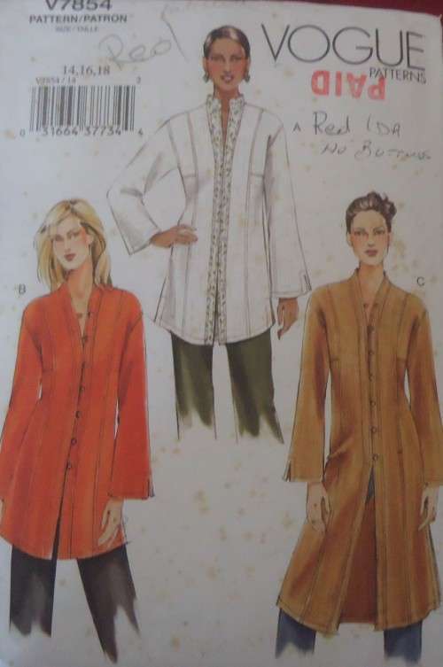 VOGUE V7854 STUNNING HI COLLAR TUNIC  SIZE 14-16-18 COMPLETE