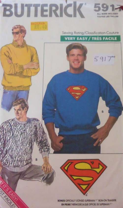 BUTTERICK 5917 MEN'S SWEATSHIRT & T SIZE XS-XL (30-48") WTH TRANSFER CUT TO L COMPLETE