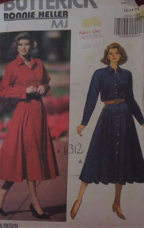 BUTTERICK PATTERNS 6312 LOOSE FITTING DRESS SIZE 12-14-16 COMPLETE-UNCUT-F/FOLDED-ZIPLOC