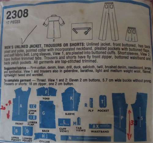 STYLE 2308 MEN'S UNLINED JACKET-PANTS-SHORTS SIZE40" CHEST 102 CM COMPLETE-ZIPLOC BAG