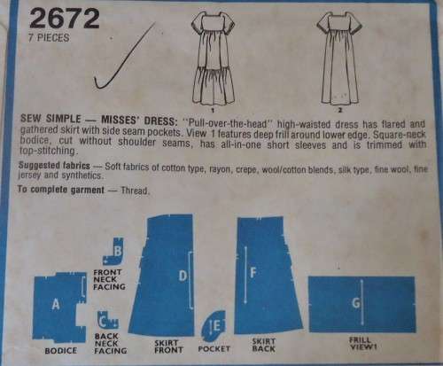 STYLE 2672  DRESS WITH SQUARE SHAPED NECKLINE SIZE 12 BUST 87 CM COMPLETE