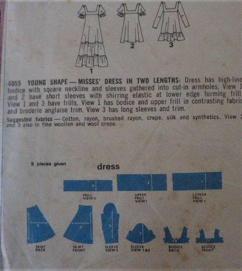 STYLE 4055  DRESS WITH SQUARE NECKLINE SIZE 12 BUST 34" COMPLETE-UNCUT-F/FOLDED