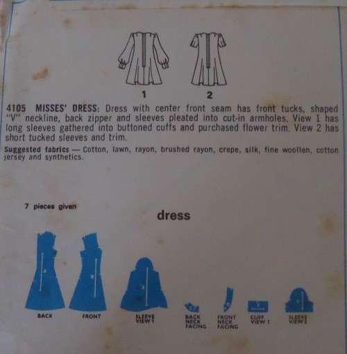 STYLE 4105  DRESS WITH FRONT TUCKS & CENTRE SEAM SIZE 12 BUST 34" COMPLETE