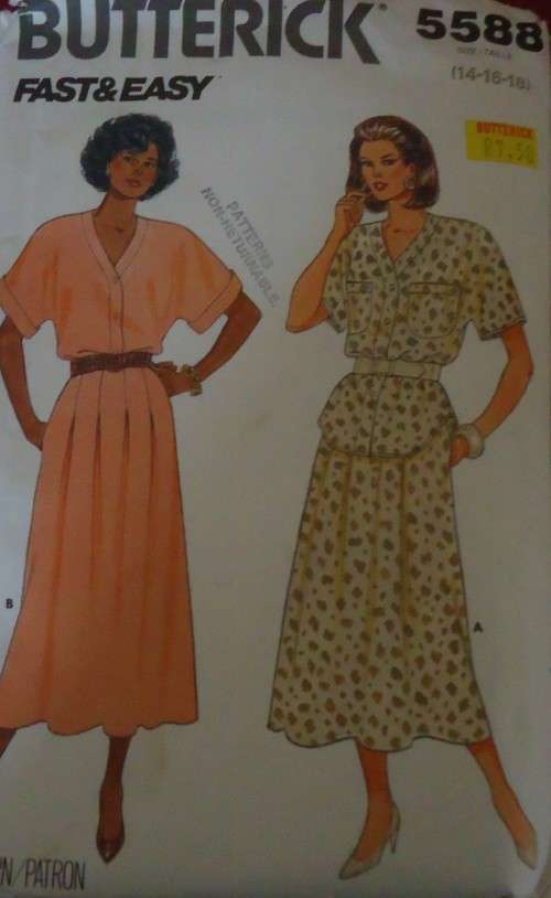 BUTTERICK 5588 TOP & SKIRT SIZE 14-16-18 COMPLETE & MOSTLY UNCUT