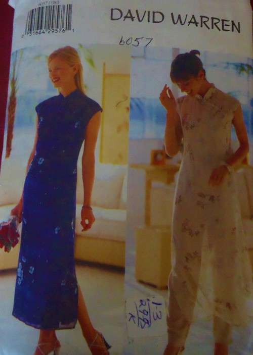 BUTTERICK 6057 MANDARIN COLLAR DRESS-SLIP-PANTS SIZE8-10-12 COMPLETE