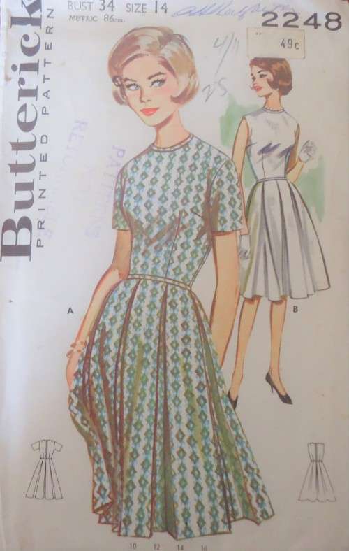 VINTAGE BUTTERICK 2248 JEWEL NECK DRESS SIZE 14  BUST 34" COMPLETE-UNCUT-F/FOLDED
