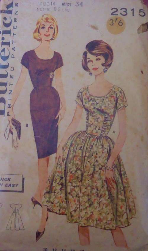VINTAGE BUTTERICK 2315 DRESS WITH 2 SKIRTS SIZE 14  BUST 34" COMPLETE-ZIPLOC BAG