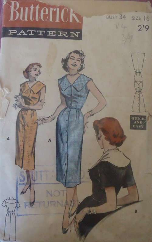 VINTAGE BUTTERICK 6876 BUTTON FRONT DRESS SIZE 16  BUST 34" COMPLETE - ZIPLOC BAG