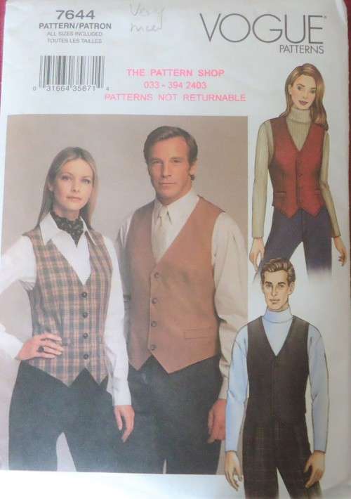 VOGUE PATTERN 7644 UNISEX WAISTCOATS-TIE-ASCOT SIZES 30 - 48"  COMPLETE