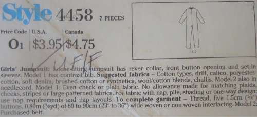 STYLE 4458  GIRLS JUMPSUIT SIZE 10-12-14 YEARS COMPLETE-UNCUT-F/FOLDED